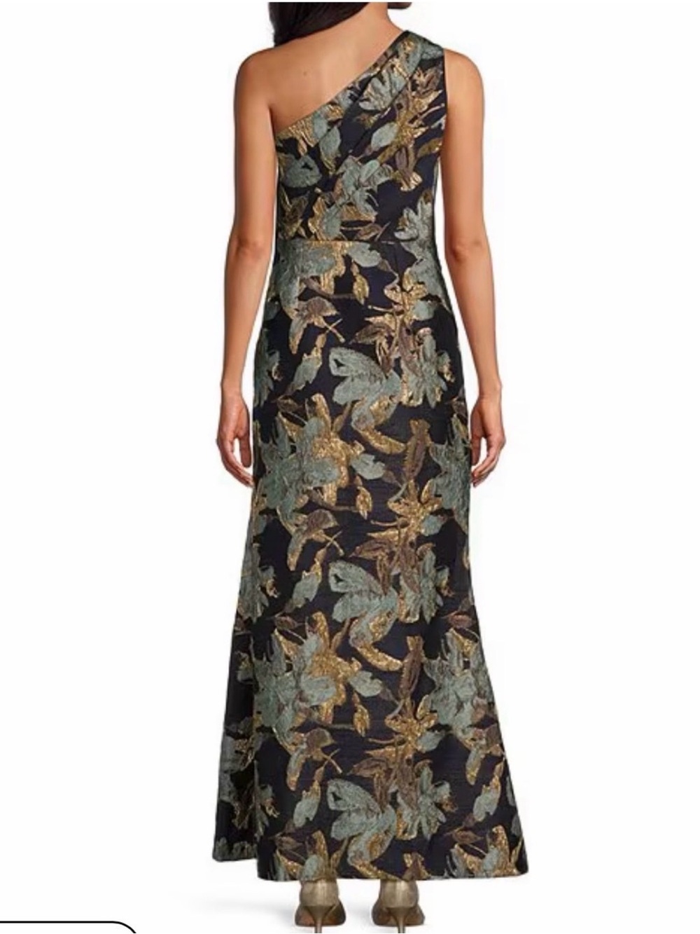 Adrianna Papell Black One-Shoulder Floral Jacquard Gown with Gold Accents - Picture 2 of 16